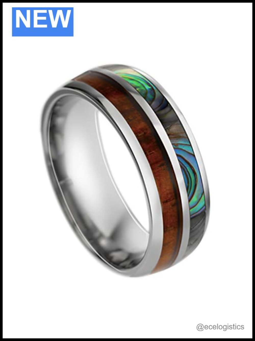 Tungsten Carbide Ring with Hawaiian Koa Wood and Abalone Shell Inlay Comfort